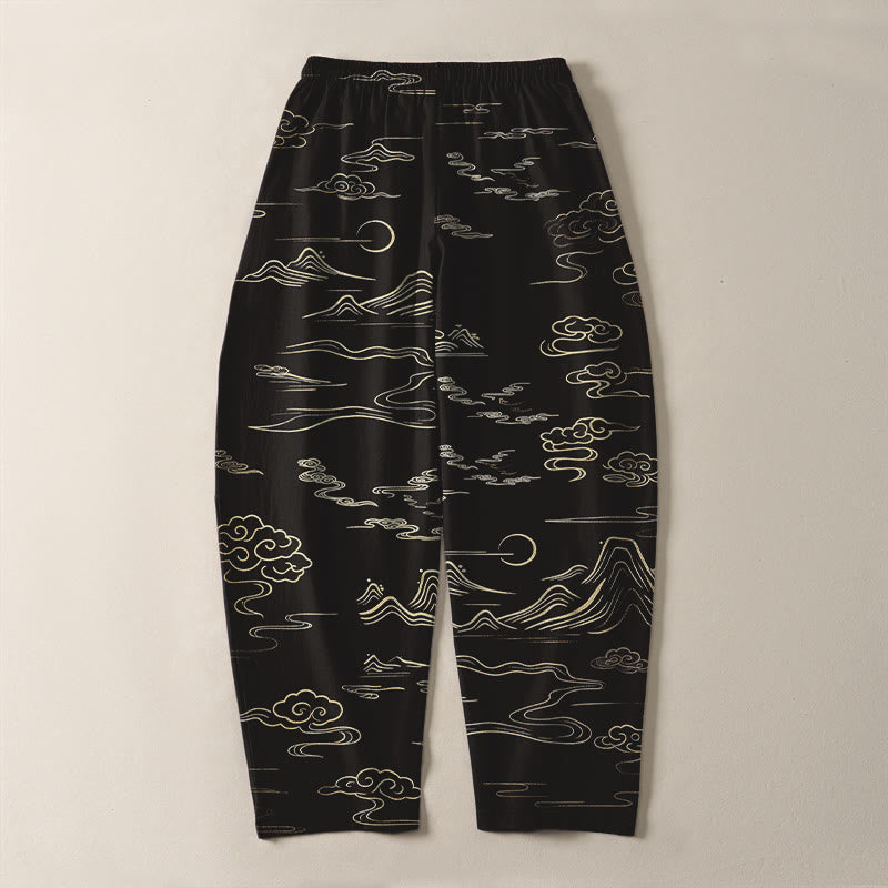 Nimara Ritual Pure Cotton Cloud Mountain Wave Pattern Drawstring Men's Tapered Pants With Pockets