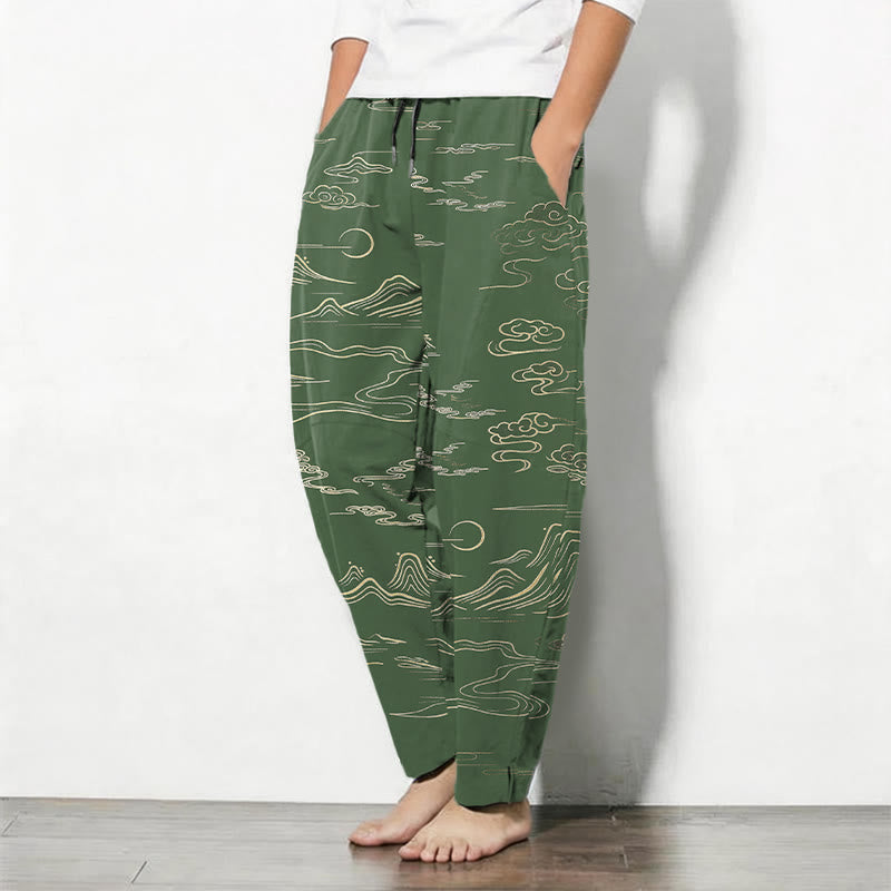 Nimara Ritual Pure Cotton Cloud Mountain Wave Pattern Drawstring Men's Tapered Pants With Pockets