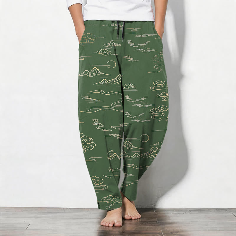 Nimara Ritual Pure Cotton Cloud Mountain Wave Pattern Drawstring Men's Tapered Pants With Pockets