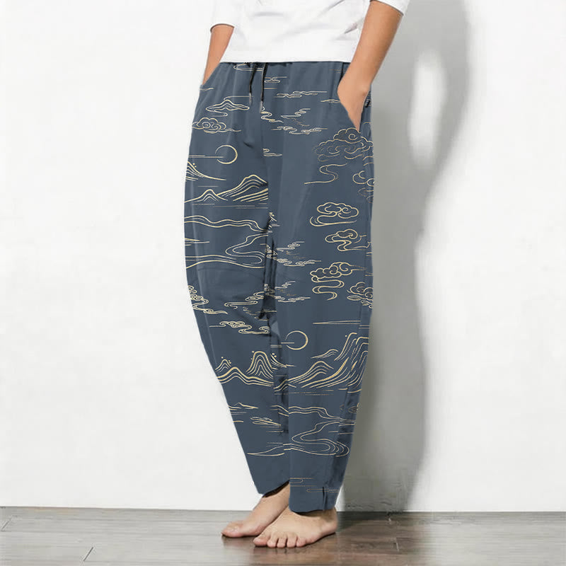 Nimara Ritual Pure Cotton Cloud Mountain Wave Pattern Drawstring Men's Tapered Pants With Pockets
