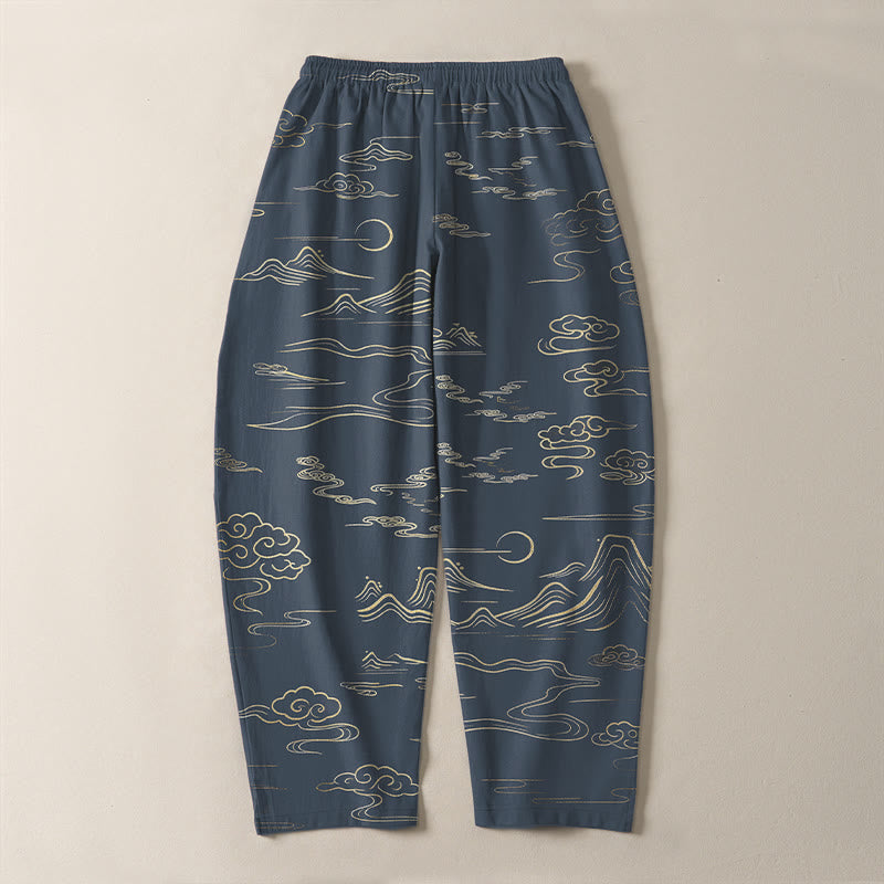 Nimara Ritual Pure Cotton Cloud Mountain Wave Pattern Drawstring Men's Tapered Pants With Pockets