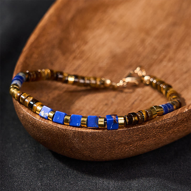 Serenity and Courage Lapis Lazuli Tiger Eye Square Beaded Bracelet