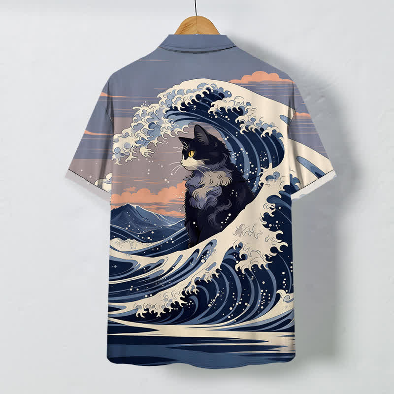 Nimara Ritual Great Wave Black Cat Pattern Buttons Breathable Men's Short Sleeve Shirt