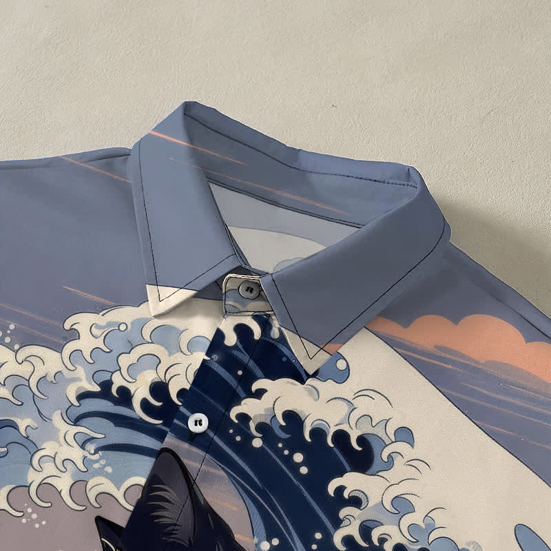 Nimara Ritual Great Wave Black Cat Pattern Buttons Breathable Men's Short Sleeve Shirt