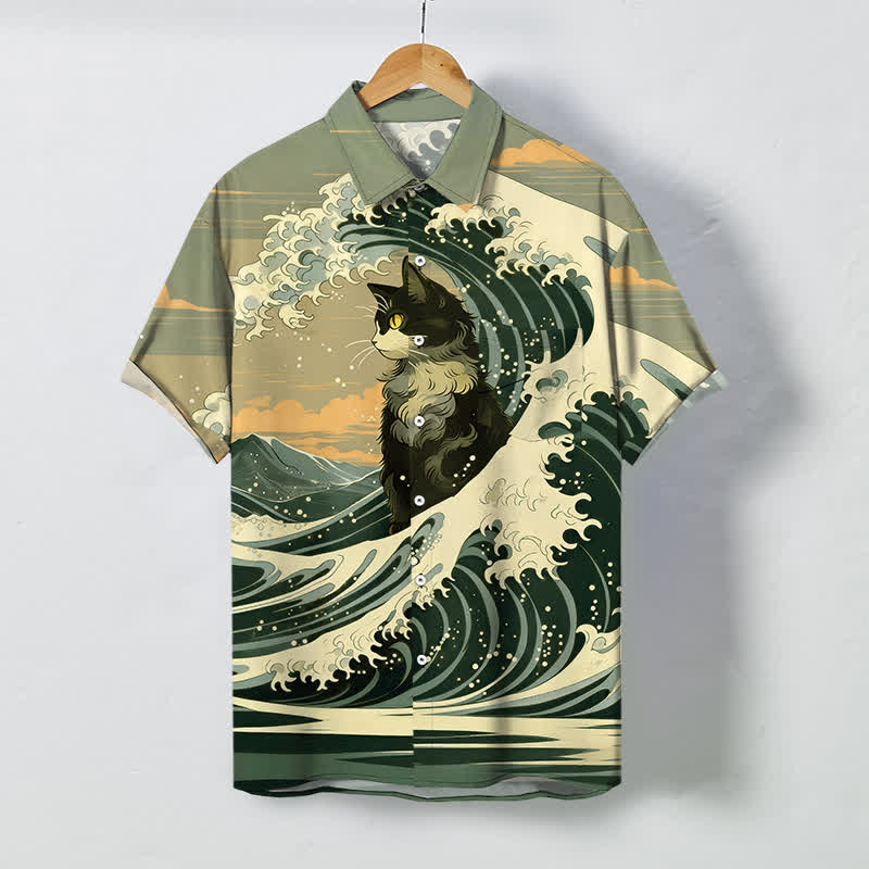 Nimara Ritual Great Wave Black Cat Pattern Buttons Breathable Men's Short Sleeve Shirt