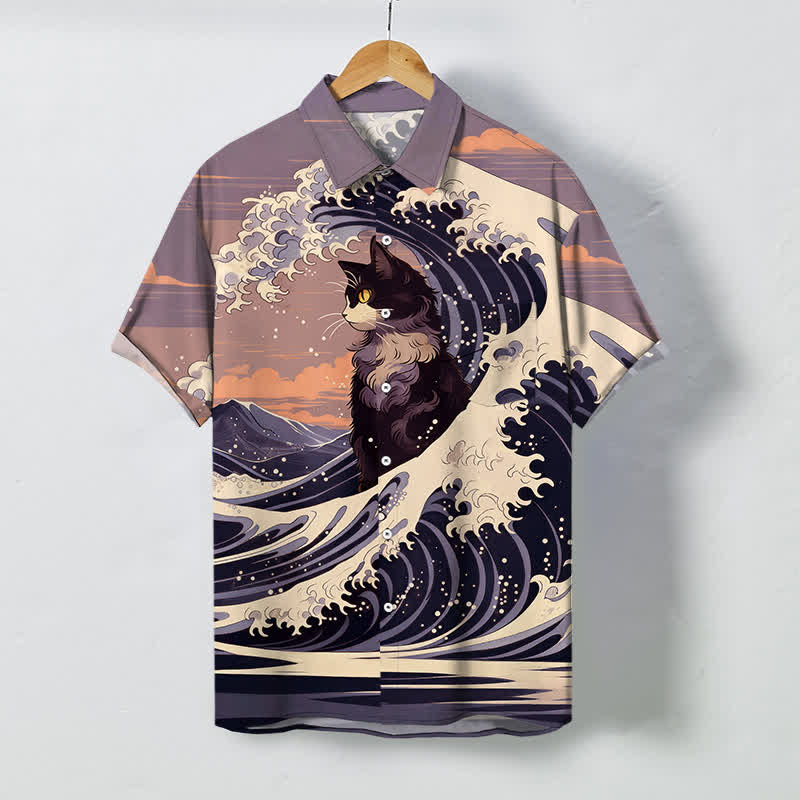 Nimara Ritual Great Wave Black Cat Pattern Buttons Breathable Men's Short Sleeve Shirt