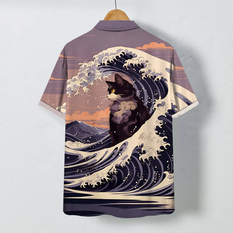 Nimara Ritual Great Wave Black Cat Pattern Buttons Breathable Men's Short Sleeve Shirt