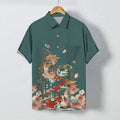 Nimara Ritual Lotus Koi Fish Cloud Wave Pattern Buttons Breathable Men's Short Sleeve Shirt