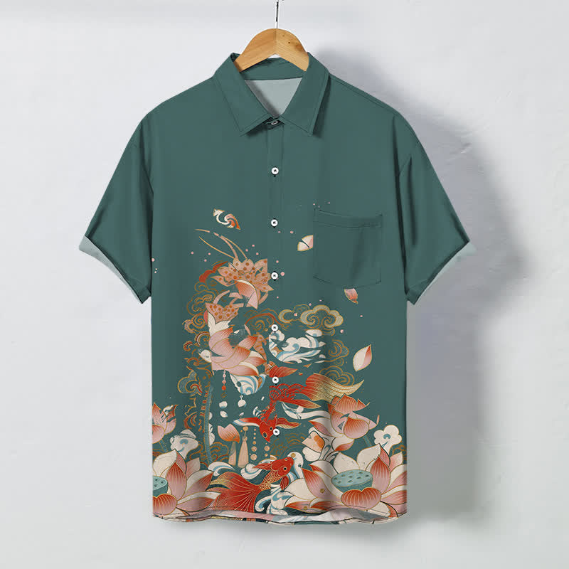 Nimara Ritual Lotus Koi Fish Cloud Wave Pattern Buttons Breathable Men's Short Sleeve Shirt
