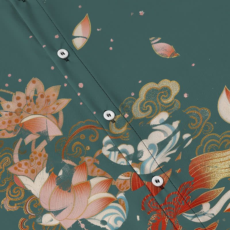 Nimara Ritual Lotus Koi Fish Cloud Wave Pattern Buttons Breathable Men's Short Sleeve Shirt