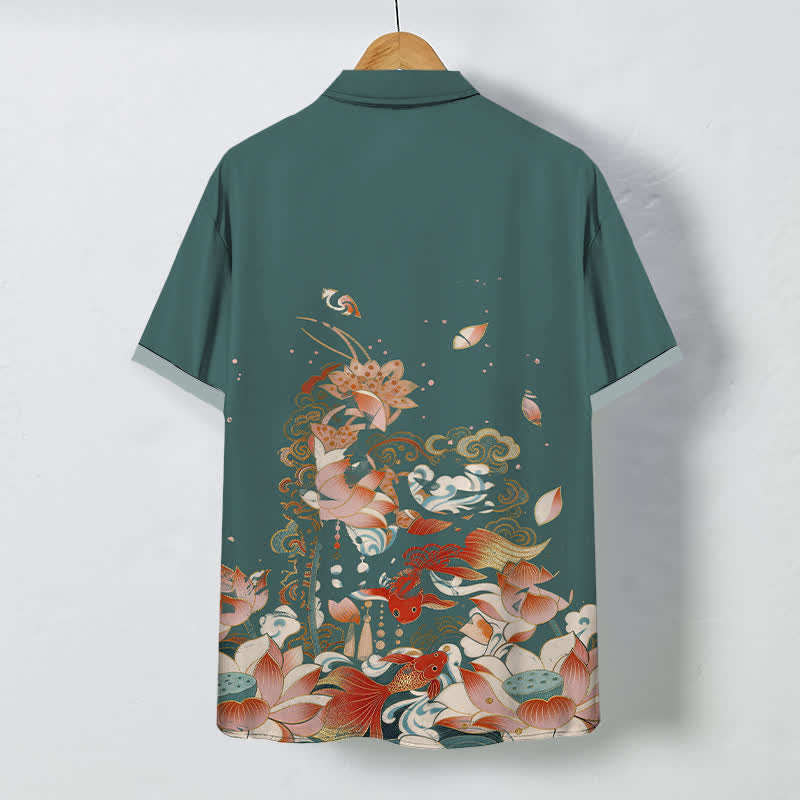Nimara Ritual Lotus Koi Fish Cloud Wave Pattern Buttons Breathable Men's Short Sleeve Shirt