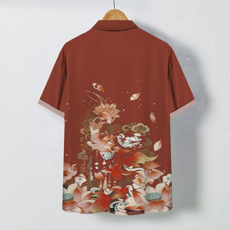 Nimara Ritual Lotus Koi Fish Cloud Wave Pattern Buttons Breathable Men's Short Sleeve Shirt