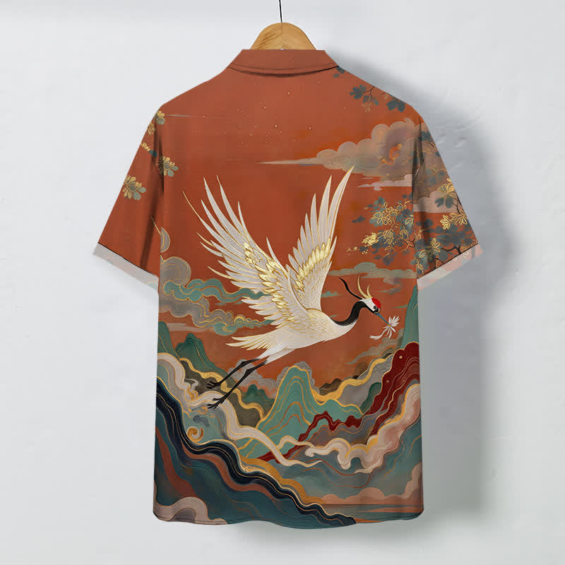 Nimara Ritual Flying Crane Cloud Wave White Flower Pattern Buttons Breathable Men's Short Sleeve Shirt