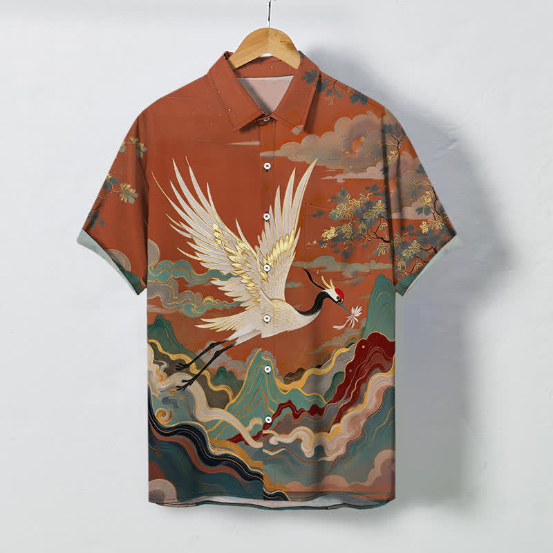 Nimara Ritual Flying Crane Cloud Wave White Flower Pattern Buttons Breathable Men's Short Sleeve Shirt