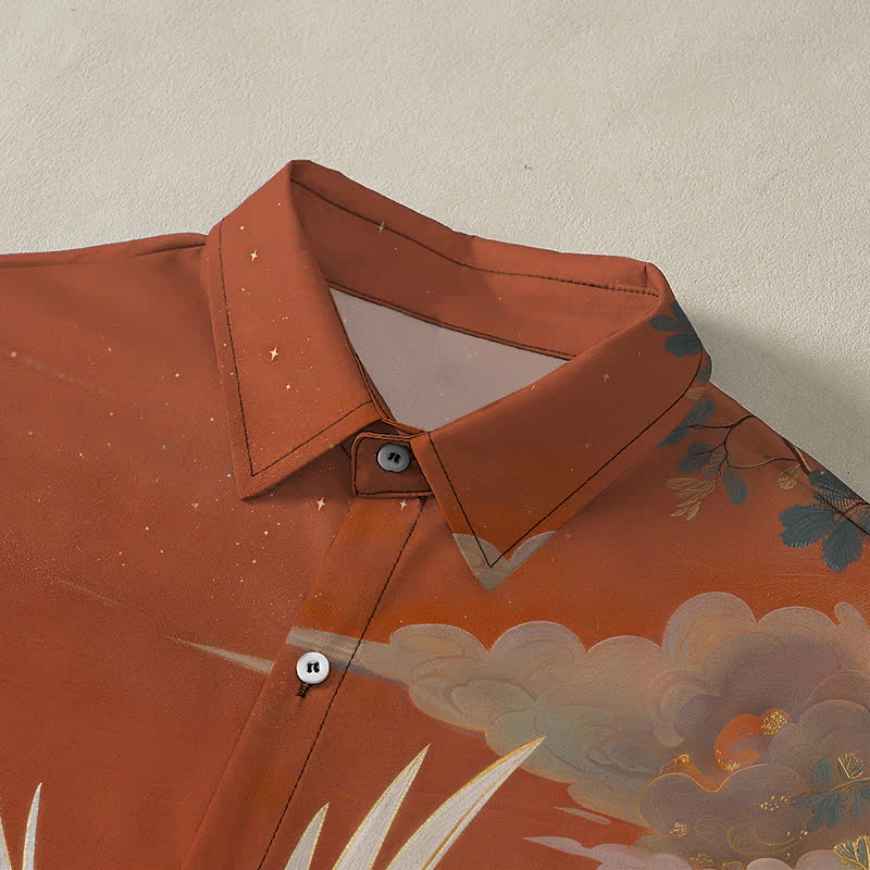 Nimara Ritual Flying Crane Cloud Wave White Flower Pattern Buttons Breathable Men's Short Sleeve Shirt