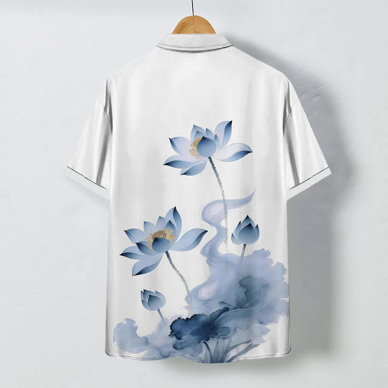 Nimara Ritual Blue Lotus Ink Pattern Buttons Wrinkle-resistant Men's Short Sleeve Shirt