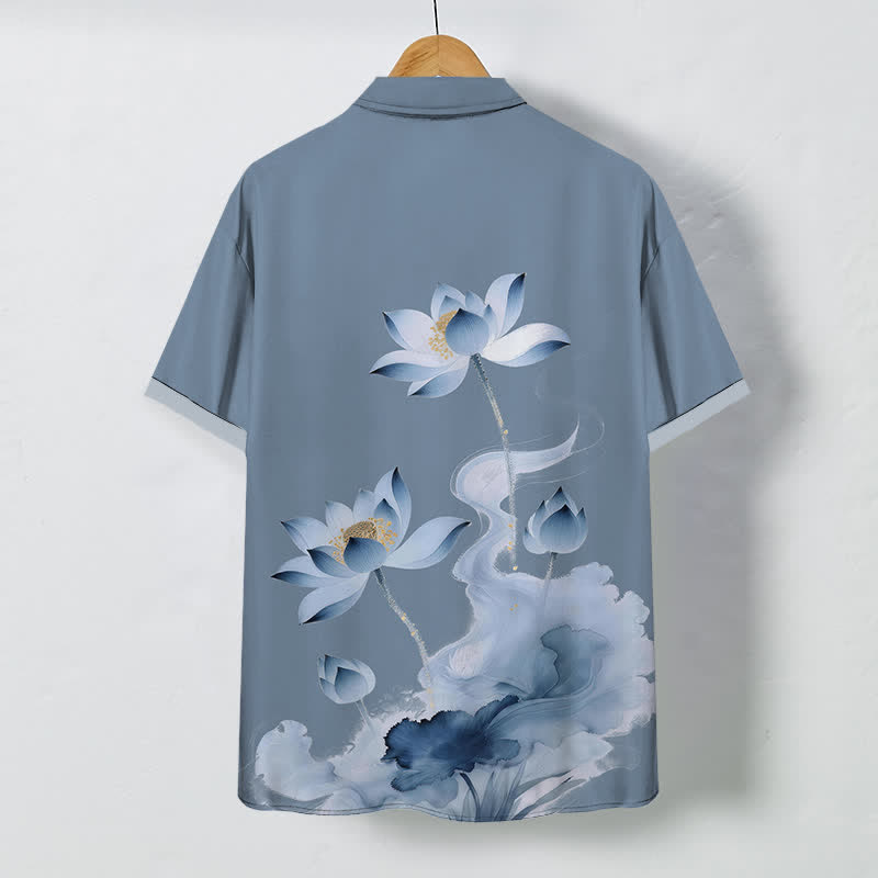 Nimara Ritual Blue Lotus Ink Pattern Buttons Wrinkle-resistant Men's Short Sleeve Shirt