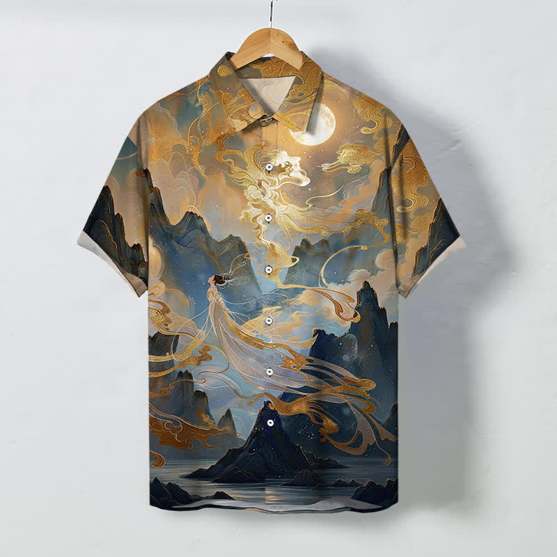 Nimara Ritual Misty Mountain Moon Cloud Pattern Buttons Wrinkle-resistant Men's Short Sleeve Shirt