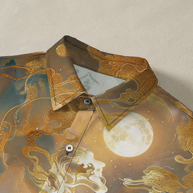 Nimara Ritual Misty Mountain Moon Cloud Pattern Buttons Wrinkle-resistant Men's Short Sleeve Shirt