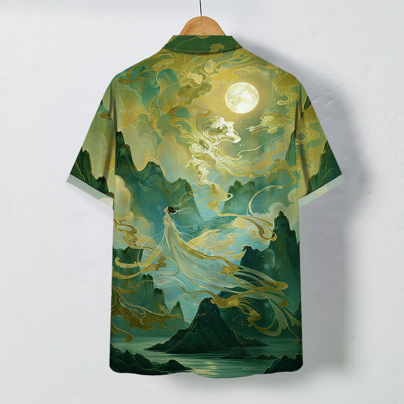 Nimara Ritual Misty Mountain Moon Cloud Pattern Buttons Wrinkle-resistant Men's Short Sleeve Shirt