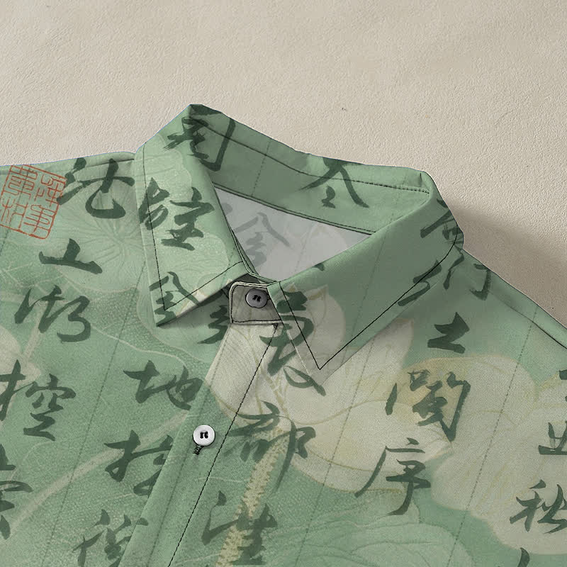 Nimara Ritual Chinese Calligraphy Landscape Pattern Buttons Breathable Men's Short Sleeve Shirt