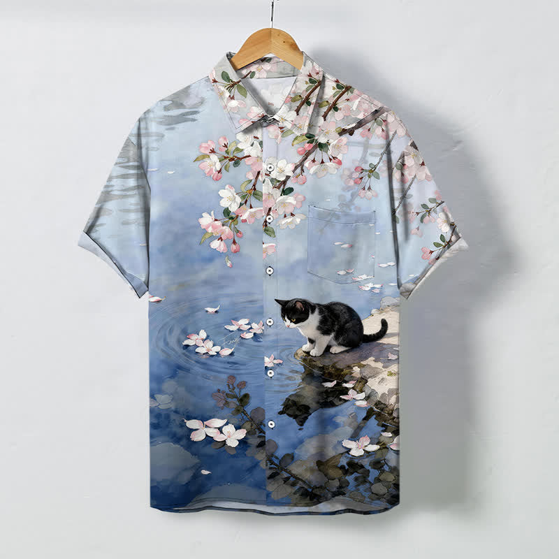 Nimara Ritual Cherry Blossom Cat Waterside Pattern Buttons Wrinkle-resistant Men's Short Sleeve Shirt
