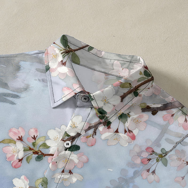 Nimara Ritual Cherry Blossom Cat Waterside Pattern Buttons Wrinkle-resistant Men's Short Sleeve Shirt