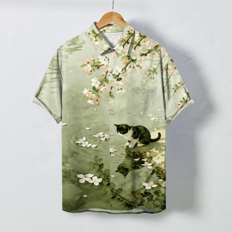 Nimara Ritual Cherry Blossom Cat Waterside Pattern Buttons Wrinkle-resistant Men's Short Sleeve Shirt