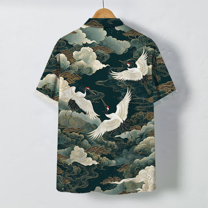 Nimara Ritual Red-crowned Crane Golden White Clouds Wave Pattern Buttons Breathable Men's Short Sleeve Shirt