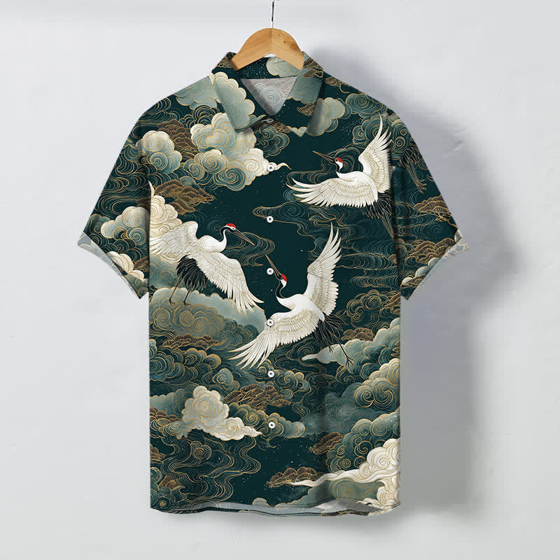 Nimara Ritual Red-crowned Crane Golden White Clouds Wave Pattern Buttons Breathable Men's Short Sleeve Shirt