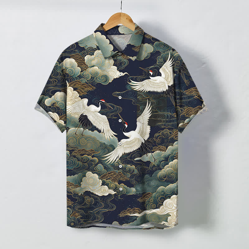 Nimara Ritual Red-crowned Crane Golden White Clouds Wave Pattern Buttons Breathable Men's Short Sleeve Shirt