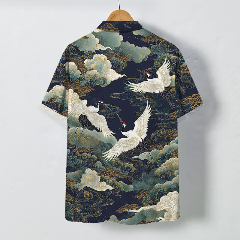 Nimara Ritual Red-crowned Crane Golden White Clouds Wave Pattern Buttons Breathable Men's Short Sleeve Shirt
