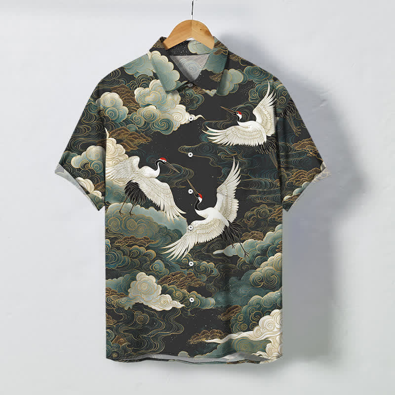 Nimara Ritual Red-crowned Crane Golden White Clouds Wave Pattern Buttons Breathable Men's Short Sleeve Shirt