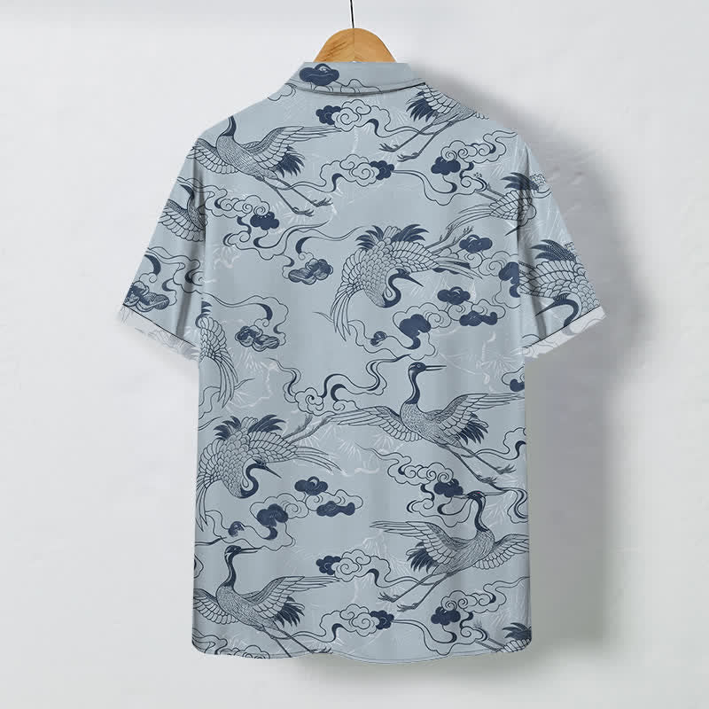 Nimara Ritual Crane Cloud Wave Sketch Pattern Buttons Breathable Men's Short Sleeve Shirt