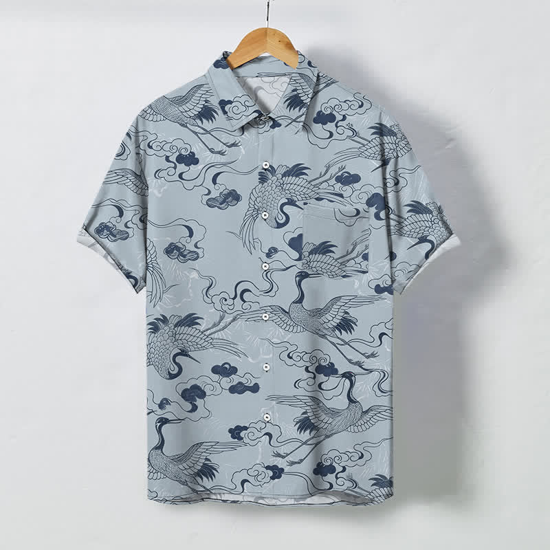 Nimara Ritual Crane Cloud Wave Sketch Pattern Buttons Breathable Men's Short Sleeve Shirt