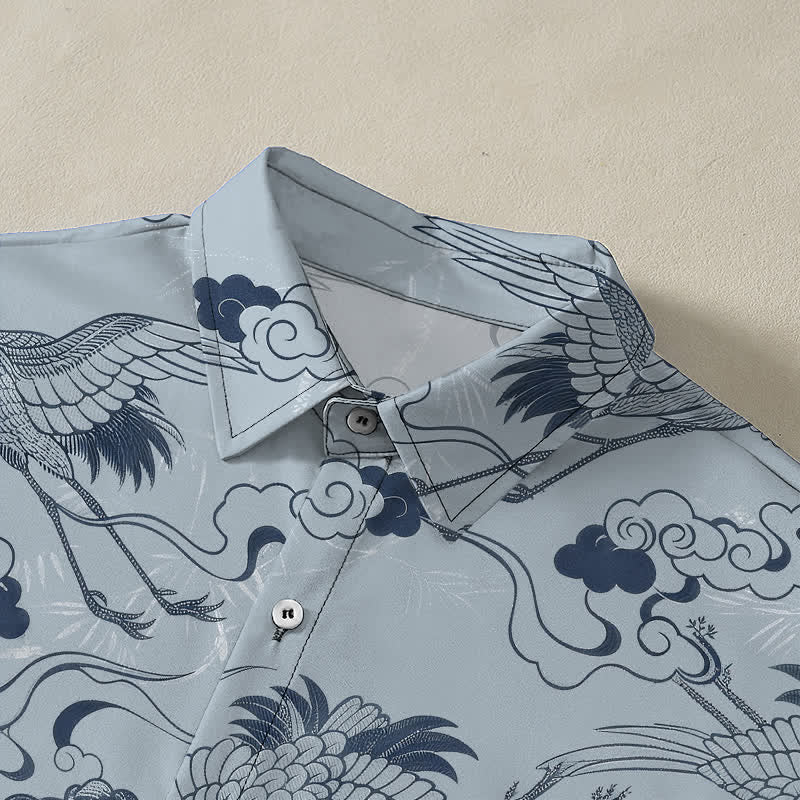 Nimara Ritual Crane Cloud Wave Sketch Pattern Buttons Breathable Men's Short Sleeve Shirt