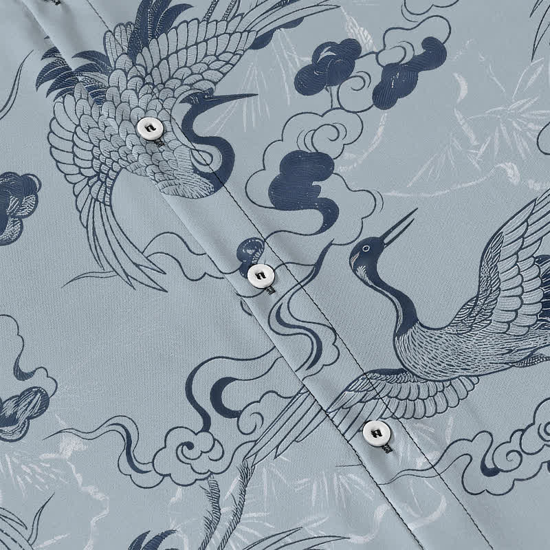 Nimara Ritual Crane Cloud Wave Sketch Pattern Buttons Breathable Men's Short Sleeve Shirt