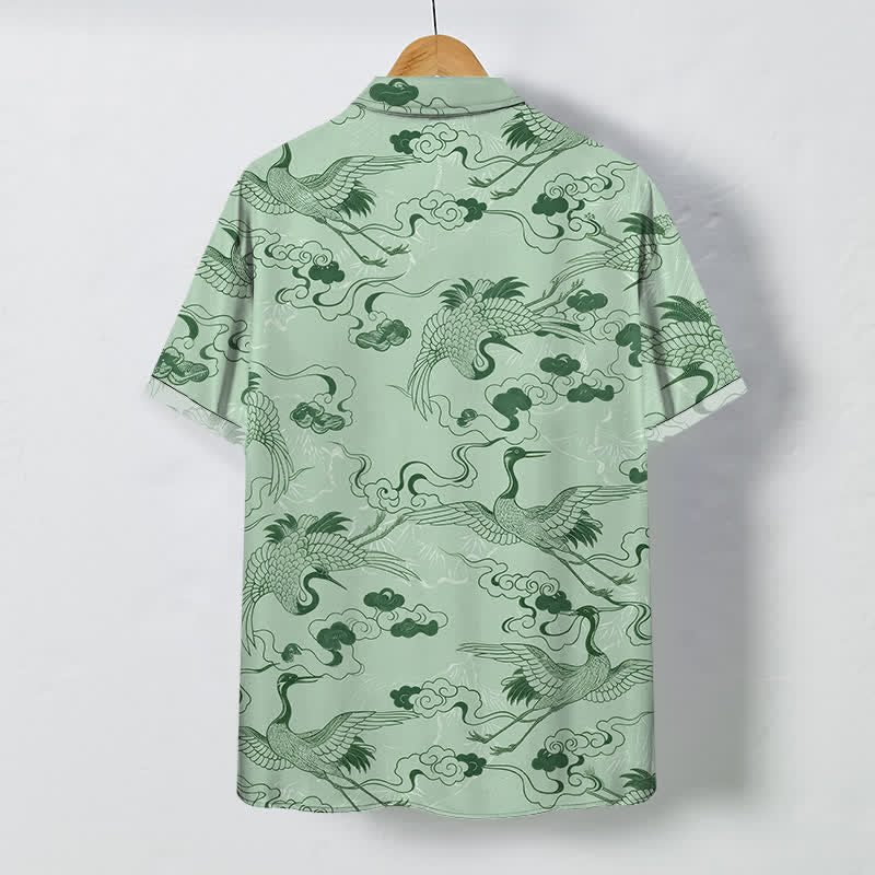 Nimara Ritual Crane Cloud Wave Sketch Pattern Buttons Breathable Men's Short Sleeve Shirt