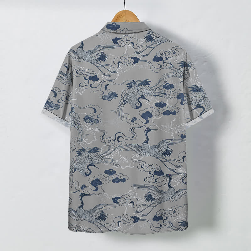 Nimara Ritual Crane Cloud Wave Sketch Pattern Buttons Breathable Men's Short Sleeve Shirt
