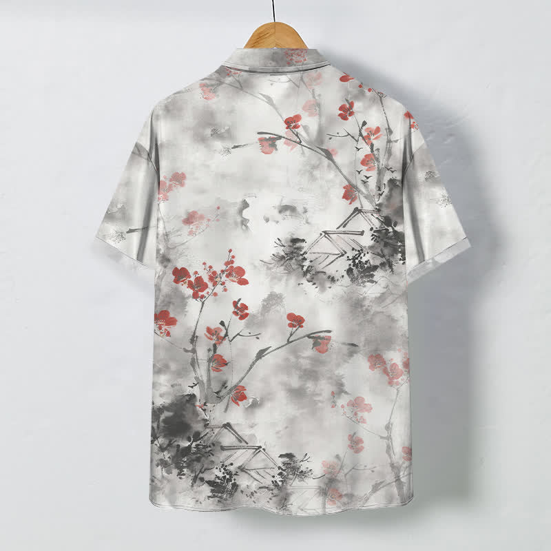 Nimara Ritual Ink Red Floral Branch Blossom Houses Pattern Buttons Breathable Men's Short Sleeve Shirt