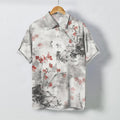 Nimara Ritual Ink Red Floral Branch Blossom Houses Pattern Buttons Breathable Men's Short Sleeve Shirt