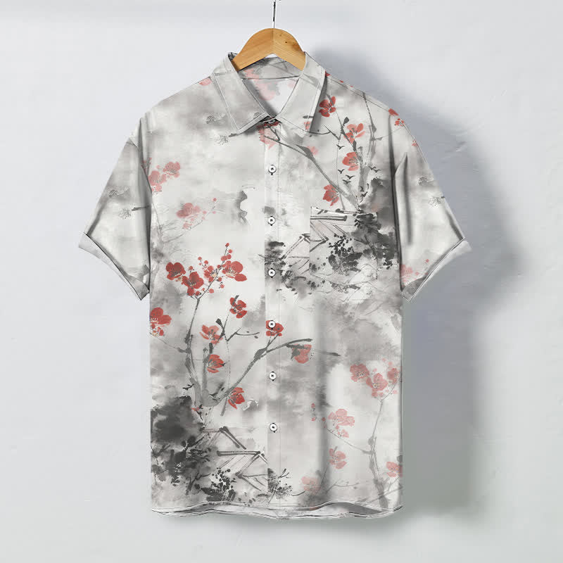 Nimara Ritual Ink Red Floral Branch Blossom Houses Pattern Buttons Breathable Men's Short Sleeve Shirt