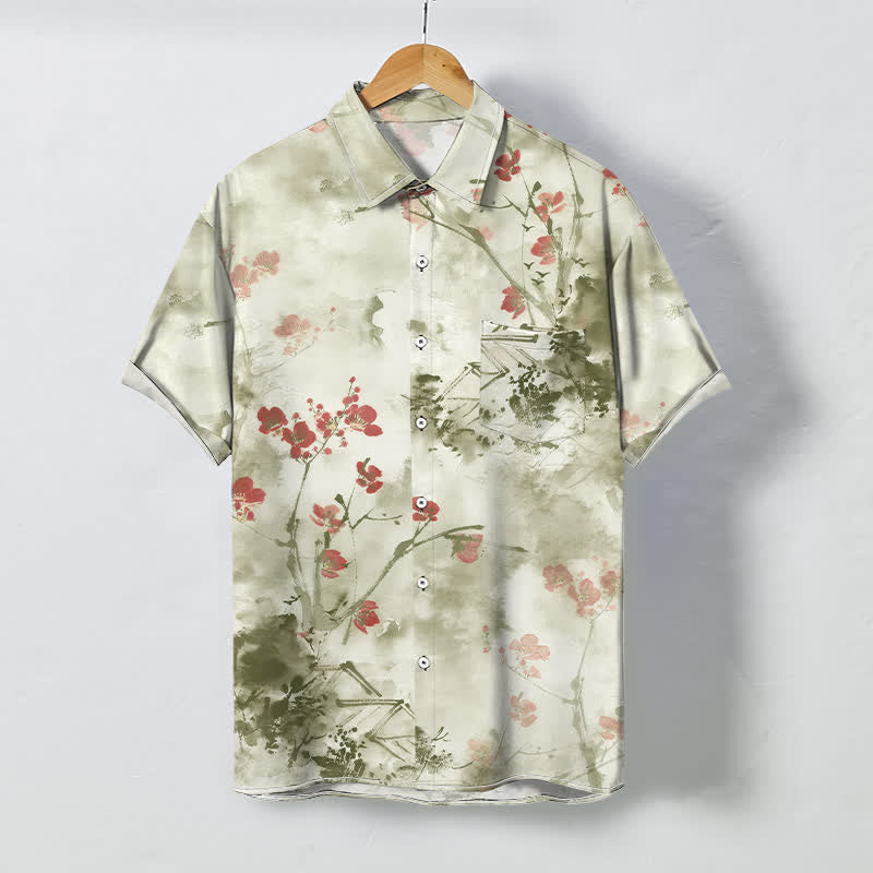 Nimara Ritual Ink Red Floral Branch Blossom Houses Pattern Buttons Breathable Men's Short Sleeve Shirt