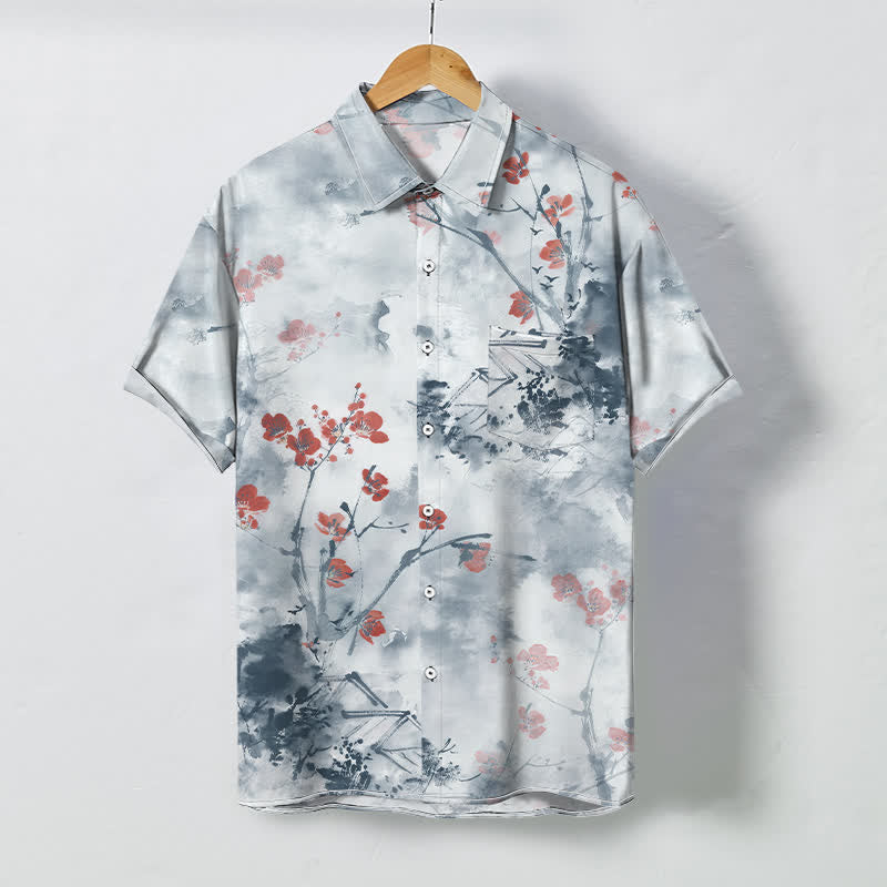 Nimara Ritual Ink Red Floral Branch Blossom Houses Pattern Buttons Breathable Men's Short Sleeve Shirt