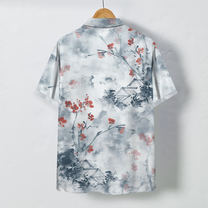 Nimara Ritual Ink Red Floral Branch Blossom Houses Pattern Buttons Breathable Men's Short Sleeve Shirt