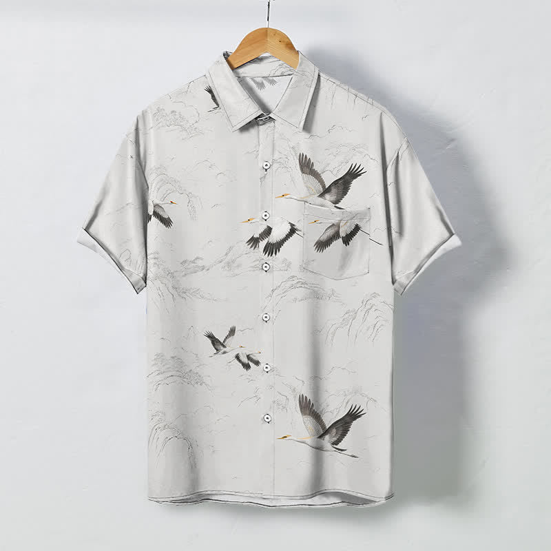 Nimara Ritual Ink Landscape Crane Mountain Ranges Pattern Buttons Breathable Men's Short Sleeve Shirt