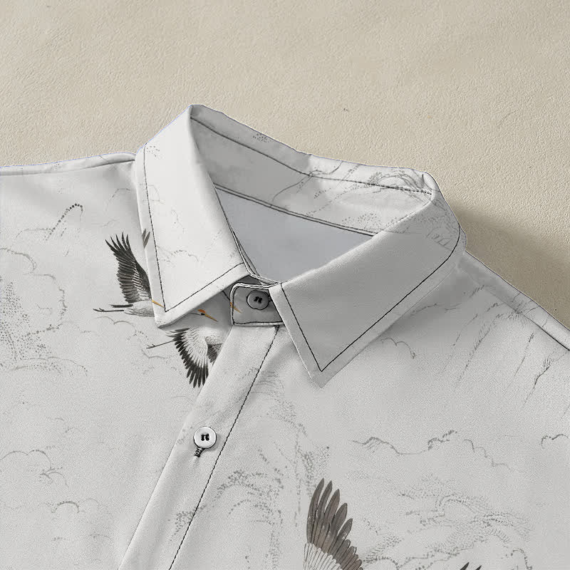 Nimara Ritual Ink Landscape Crane Mountain Ranges Pattern Buttons Breathable Men's Short Sleeve Shirt