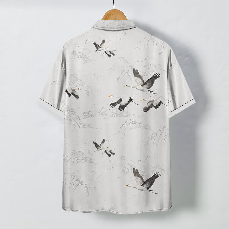 Nimara Ritual Ink Landscape Crane Mountain Ranges Pattern Buttons Breathable Men's Short Sleeve Shirt