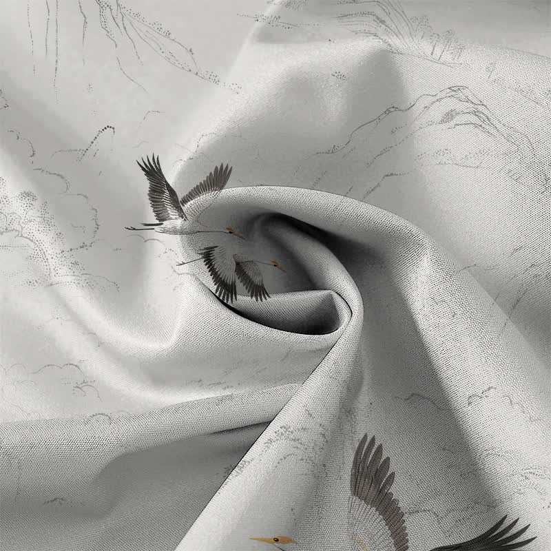 Nimara Ritual Ink Landscape Crane Mountain Ranges Pattern Buttons Breathable Men's Short Sleeve Shirt