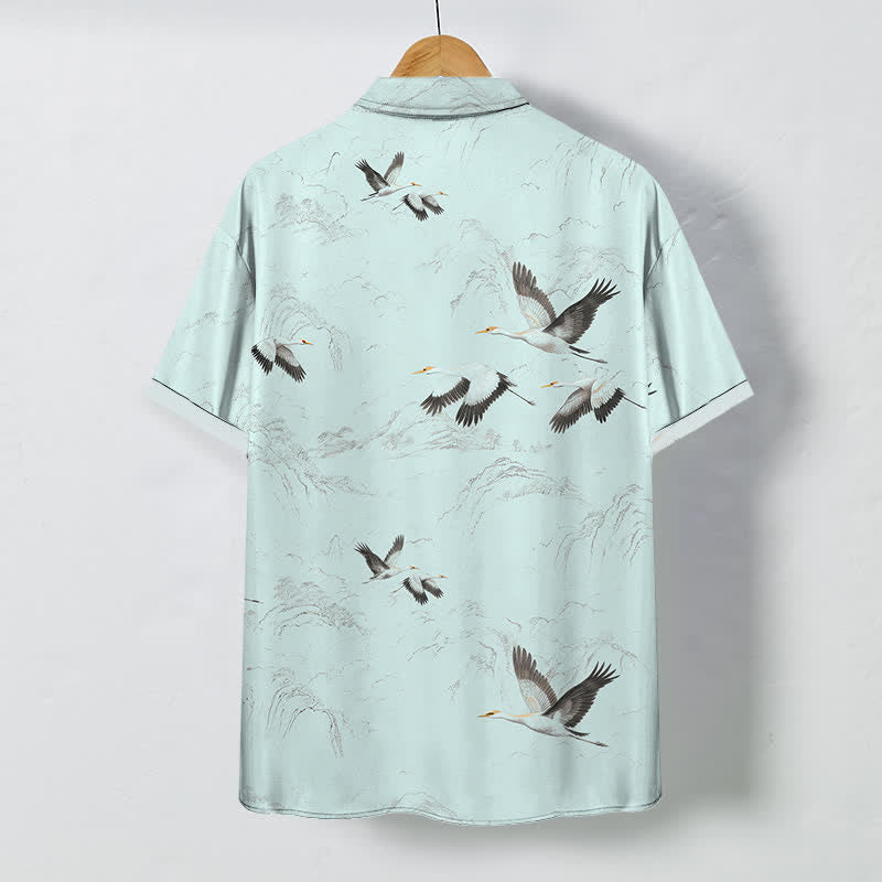 Nimara Ritual Ink Landscape Crane Mountain Ranges Pattern Buttons Breathable Men's Short Sleeve Shirt